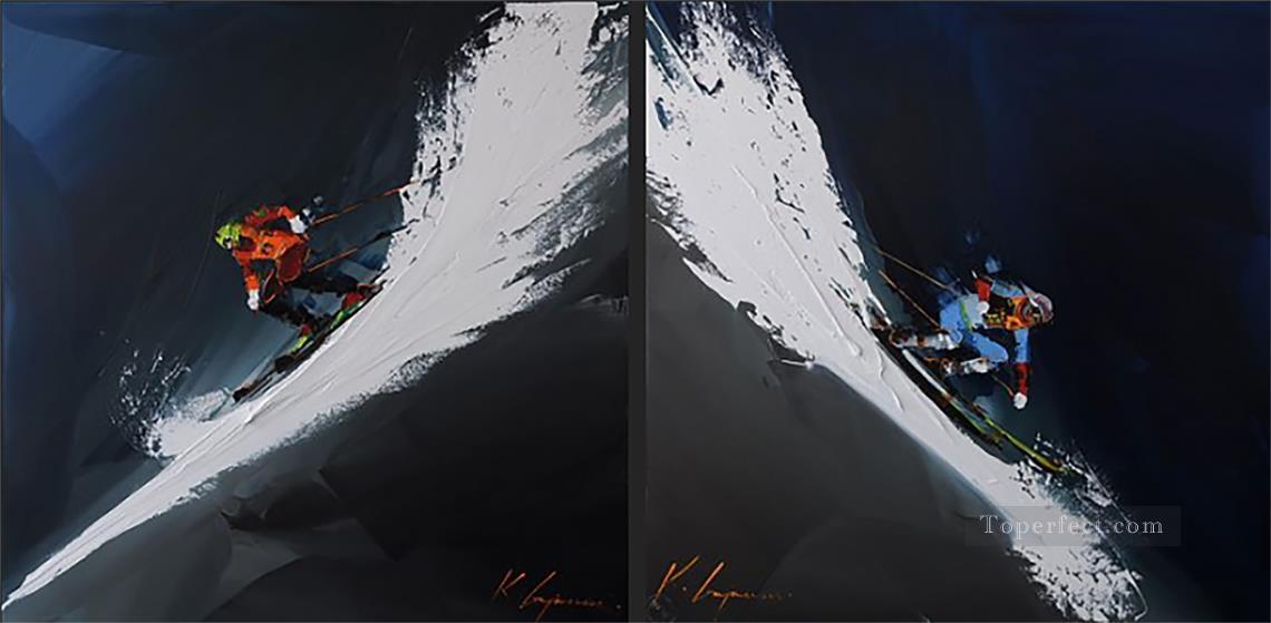 白いカル・ガジュム スポーツで 2 つのパネルをスキー油絵